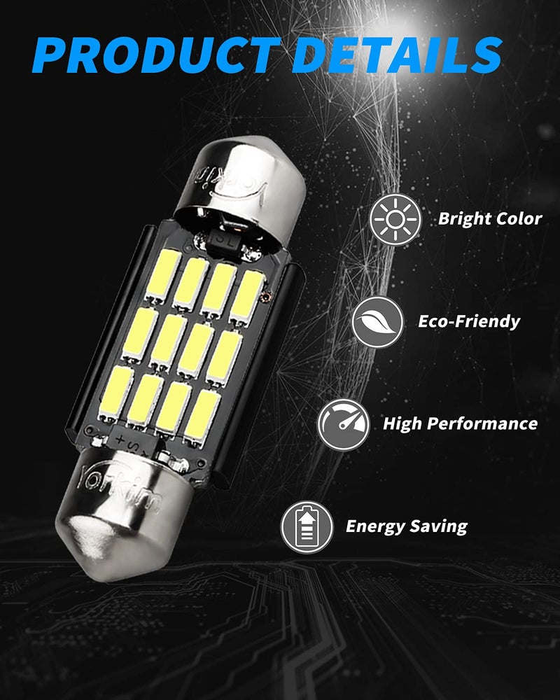 Yorkim لمبة يوركيم 6418 LED، 36 مم LED 6500K بيضاء فائقة السطوع للإضاءة الداخلية 12-SMD 4014 شرائح، لمبة فستون LED 36 مم 37 مم 38 مم، لمبة DE3021 C5W بيضاء، عبوة من 2 - Image 2